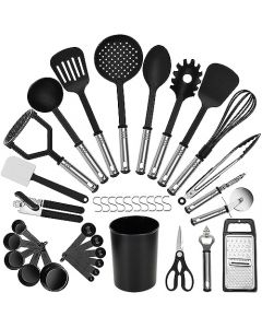 Utensilios de Cocina de Silicona, Juego de 38 Herramientas de Cocina Antiadherentes Resistentes al Calor, Incluye Cuchara, Pala, Clip, Gancho, Balde de Almacenamiento y Más