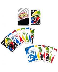 Mattel Games UNO Dare - Juego de Cartas para la noche Familiar con desafíos desafiantes y tontos de 3 categorías Diferentes